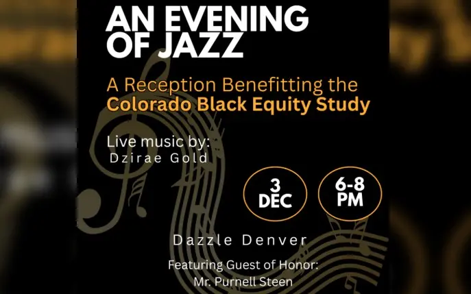 A poster for An Evening of Jazz: A Holiday Fundraiser Reception benefitting the Colorado Black Equity Study event