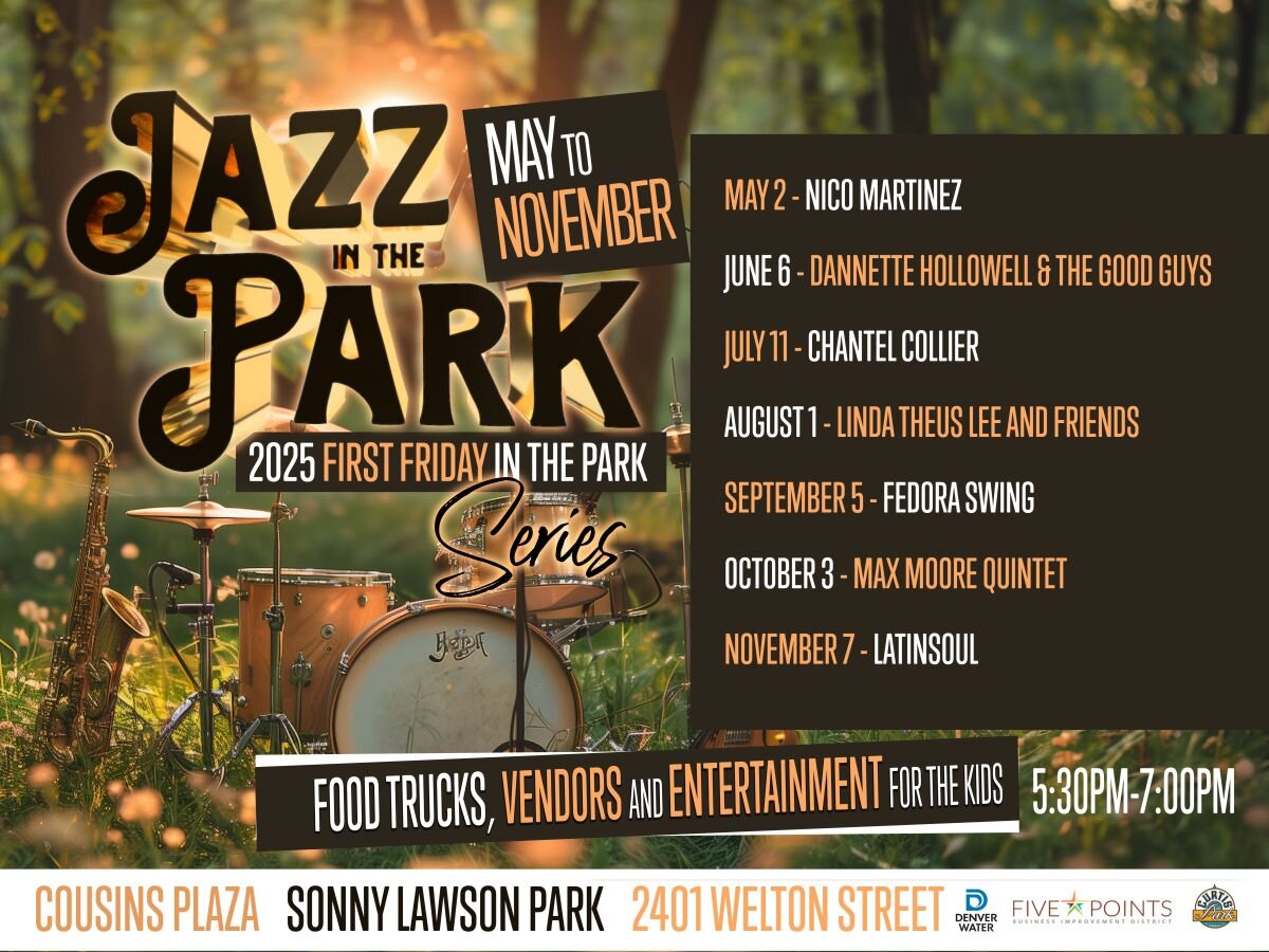 A poster for Jazz in the Park First Friday event