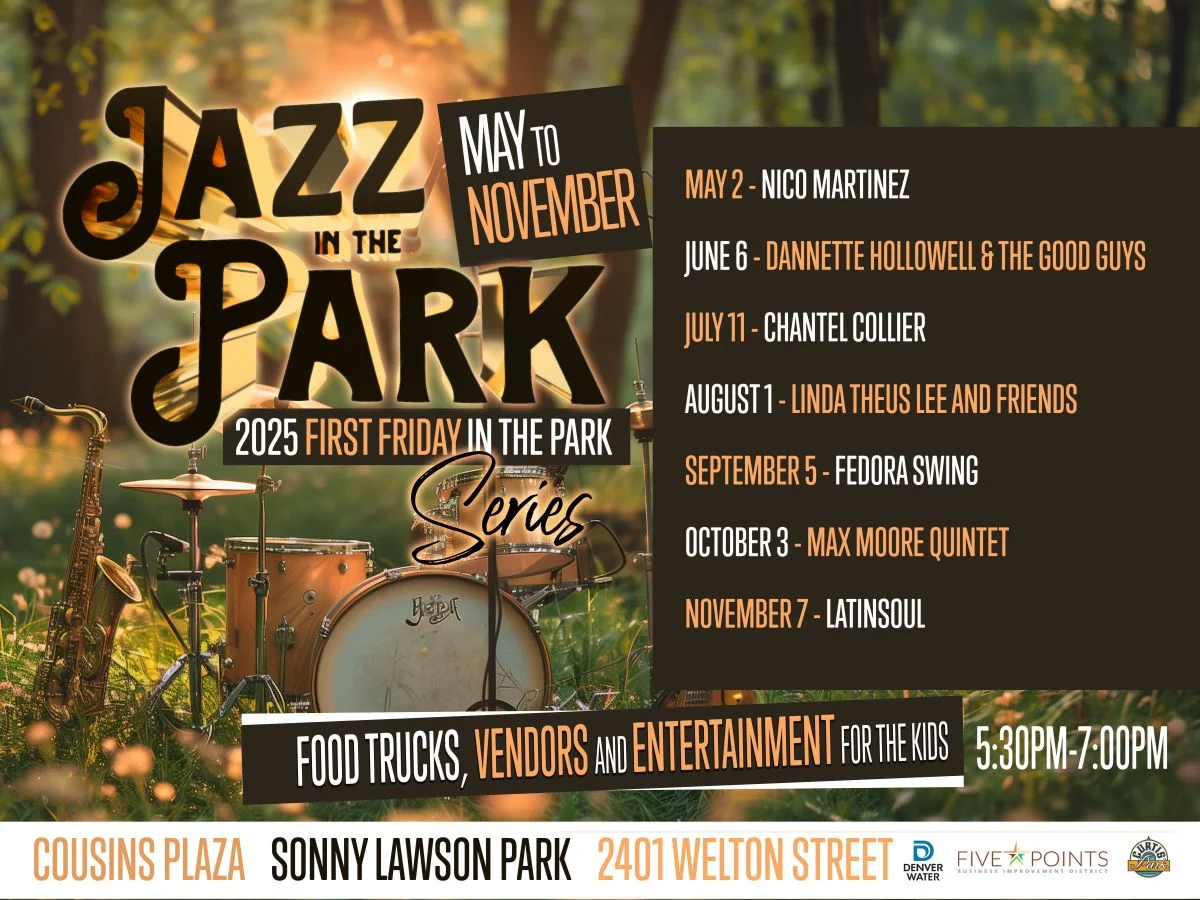 A poster for Jazz in the Park First Friday event