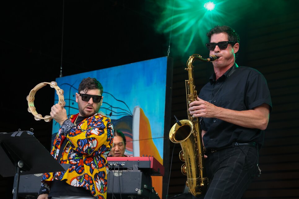 Eric "Benny" Bloom, Borahm Lee, and Domnic Lalli performing at the 2025 Telluride Jazz Festival
