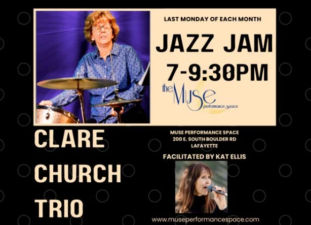 A poster for Muse Jazz Jam with Clare Church Trio event