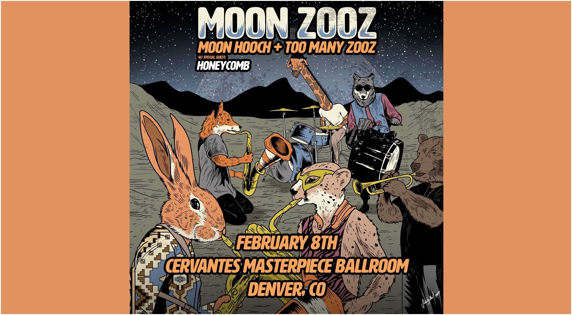 A poster for Moon Hooch & Too Many Zooz w/ Honeycomb event