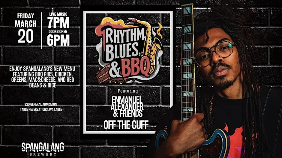 A poster for Rhythm, Blues, & BBQ — Enmanuel Alexander & Friends - Off the Cuff event