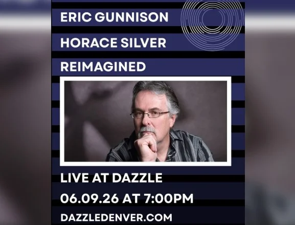 A poster for Eric Gunnison: Horace Silver Reimagined - Mark Marlier(drums), Gabe Mervine(trumpet), Mike Abbot(guitar) and Mark Simon(bass) event