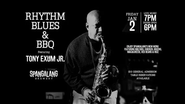 A poster for Rhythm & Blues and BBQ featuring Tony Exum Jr.  event