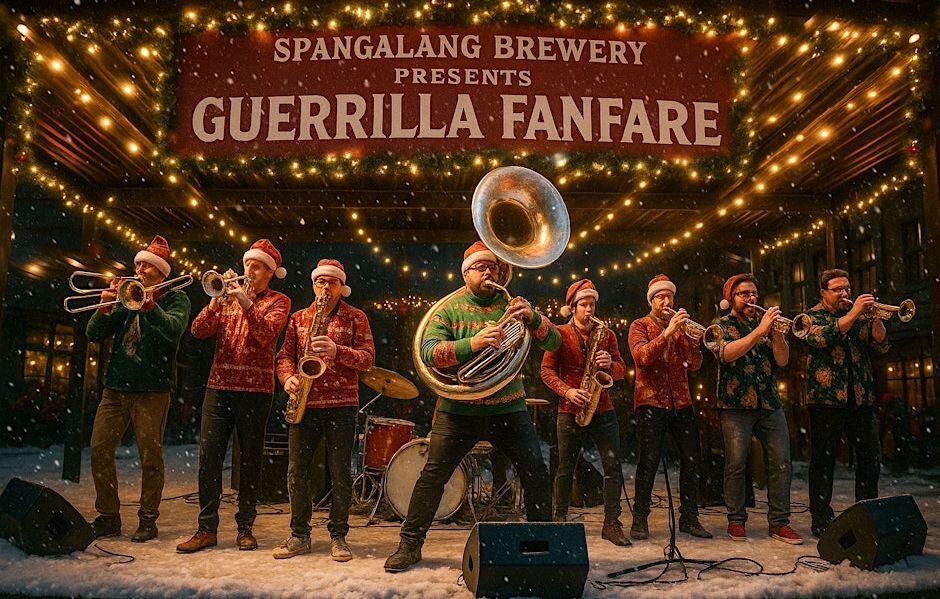 A poster for Jingle Bells & Brass - Guerilla Fanfare's Holiday Jam at Spangalang event