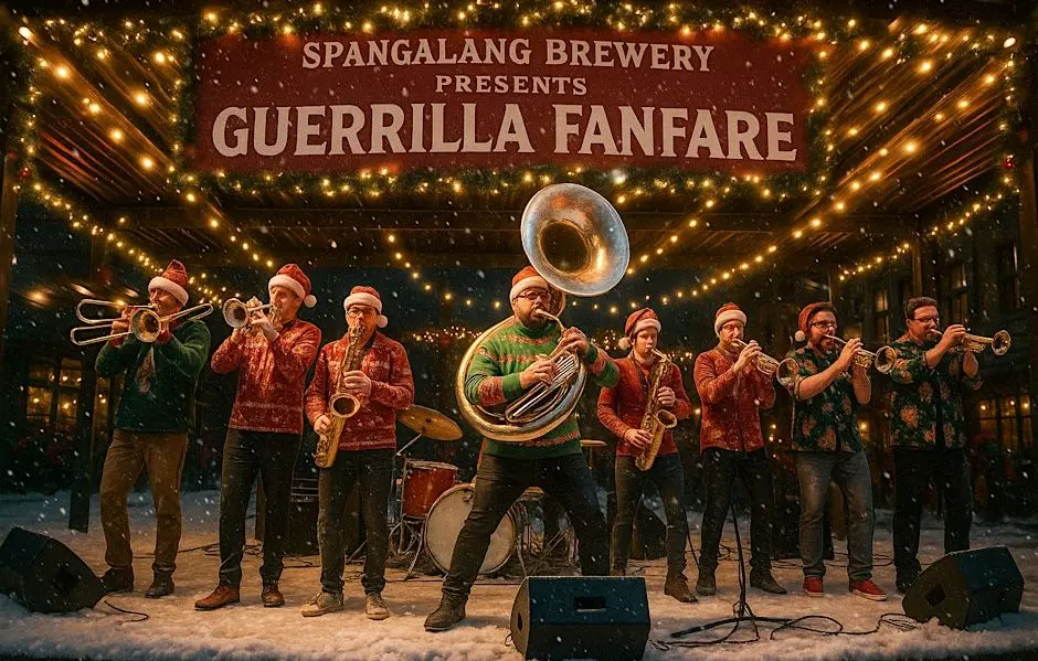 A poster for Jingle Bells & Brass - Guerilla Fanfare's Holiday Jam at Spangalang event