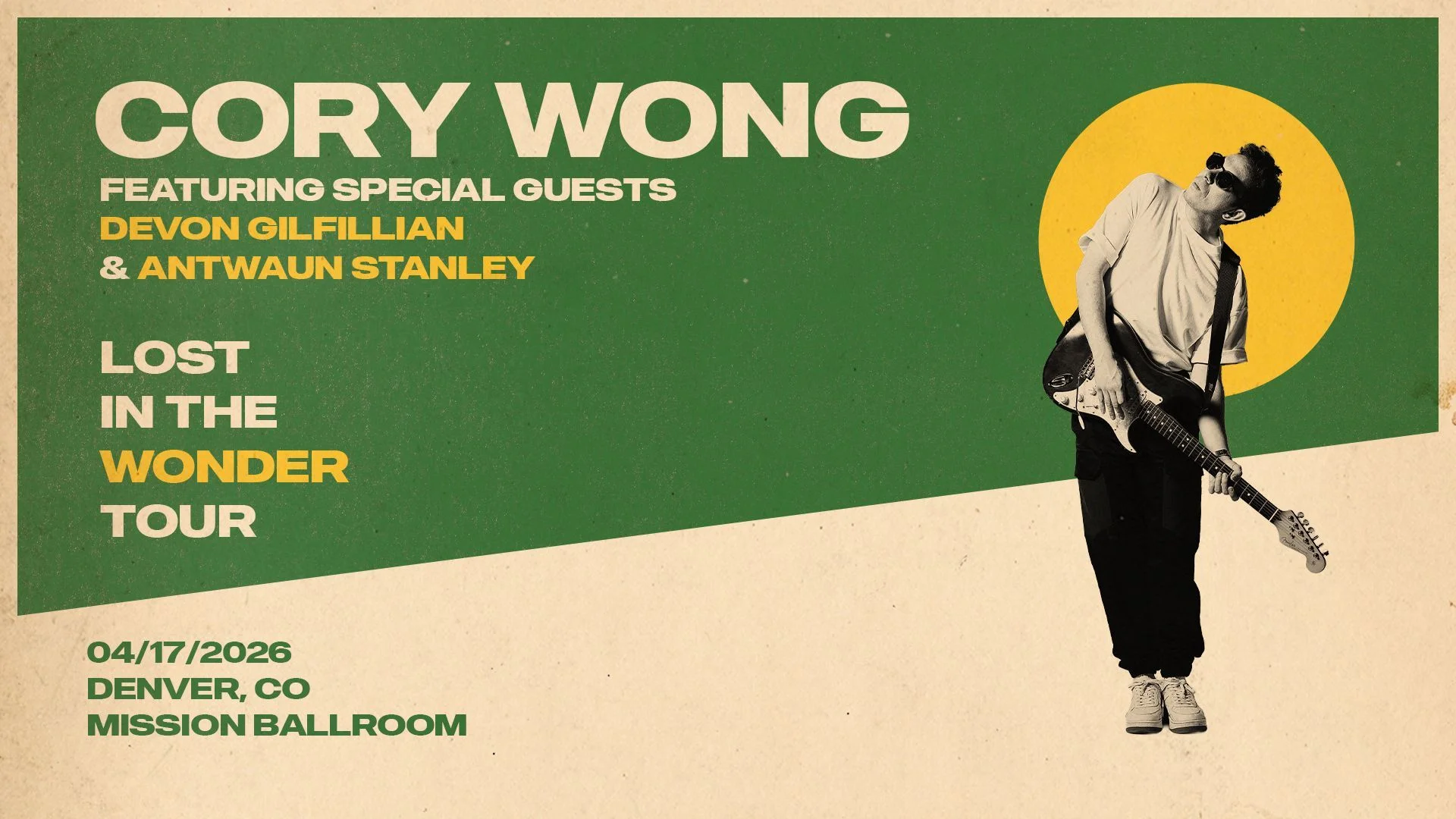 A poster for Cory Wong feat. Devon Gilfillian and Antwaun Stanley event