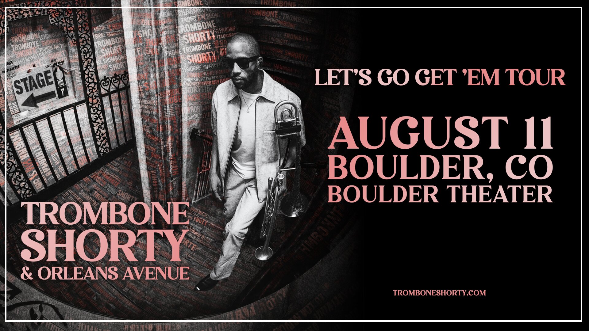 A poster for KUVO Presents: Trombone Shorty & Orleans Avenue | Let's Go Get 'Em Tour event