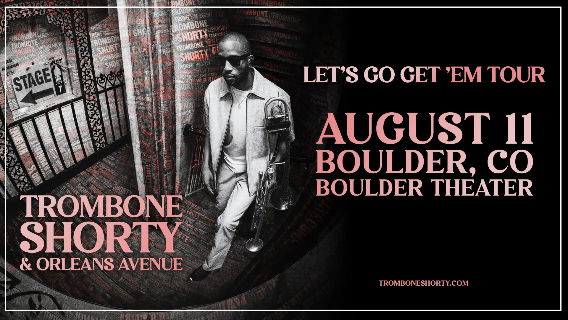 A poster for KUVO Presents: Trombone Shorty & Orleans Avenue | Let's Go Get 'Em Tour event