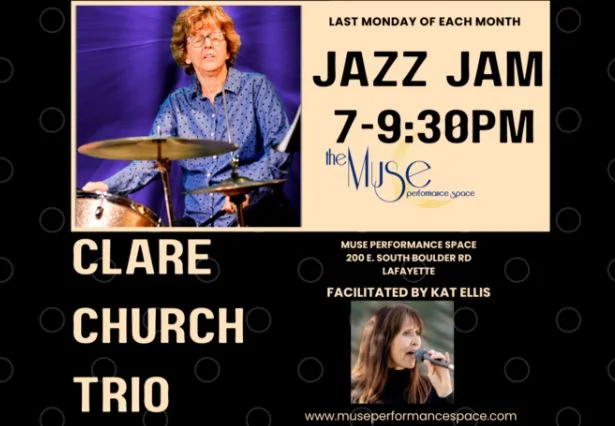 A poster for Muse Jazz Jam with Clare Church Trio event