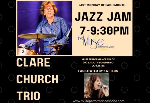 A poster for Muse Jazz Jam with Clare Church Trio event