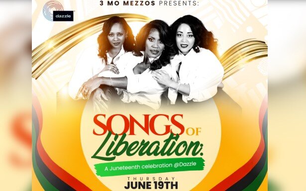 A poster for 3MoMezzos Presents Songs of Liberation  event