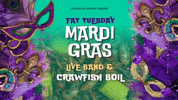 A poster for Fat Tuesday Mardi Gras Celebration - Music and Crawfish Boil event