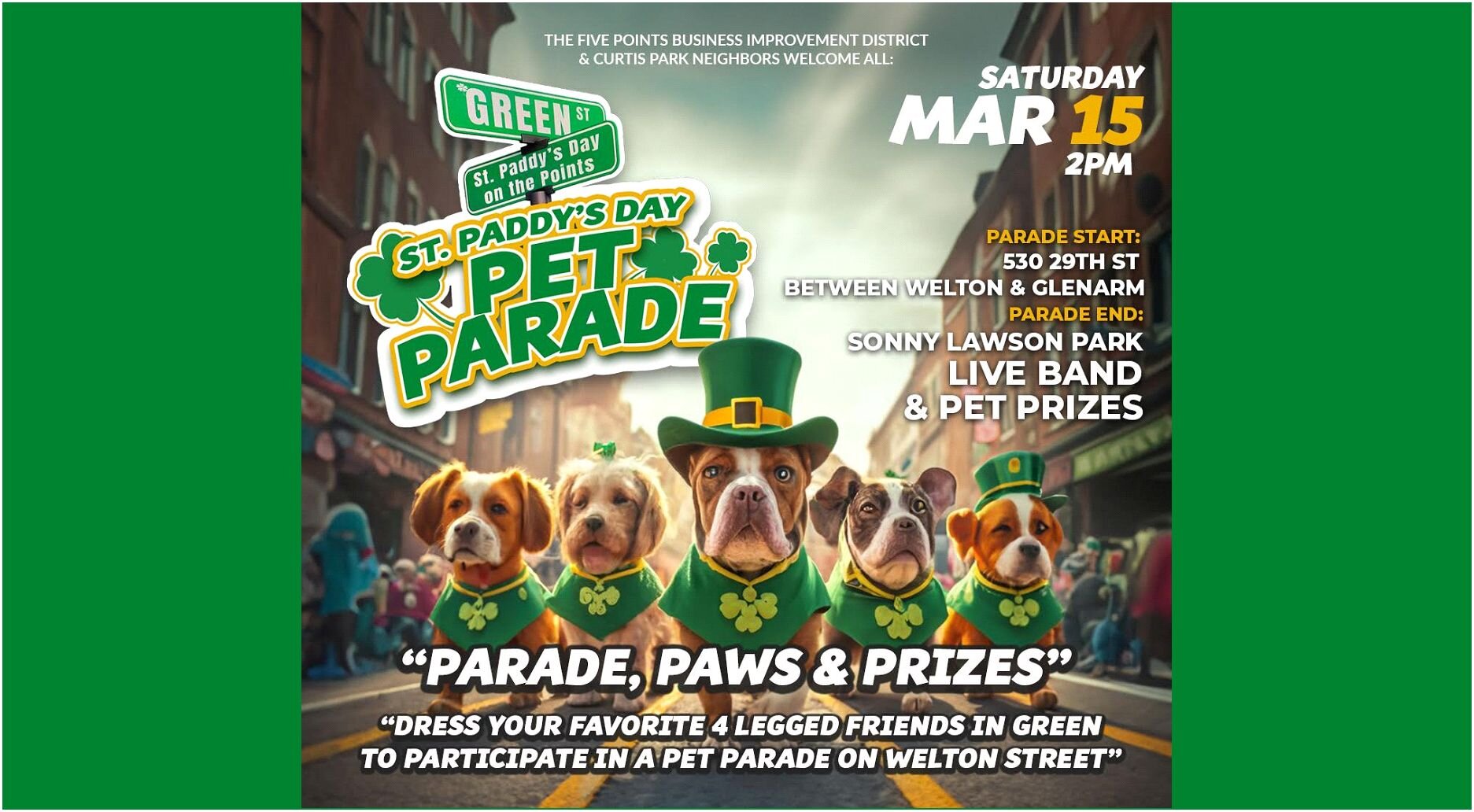 A poster for St. Paddy's Day Celebration ft. Pet Parade event