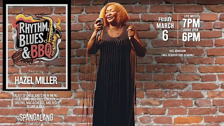 A poster for Rhythm, Blues & BBQ featuring Hazel Miller Live at Spangalang event