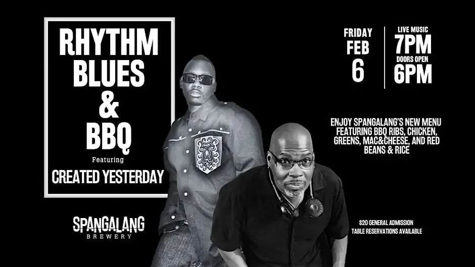 A poster for Rhythm Blues & BBQ featuring Created Yesterday event