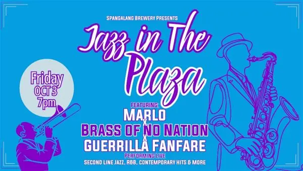 A poster for Jazz in the Plaza featuring Marlo x Brass of No Nation x Guerrilla Fanfare event