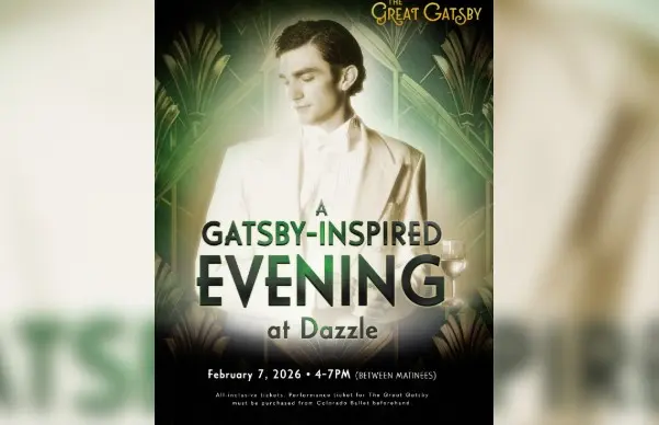 A poster for Colorado Ballet & Dazzle present: A Gatsby Inspired Evening feat. Jeremy Mohney and His Band event
