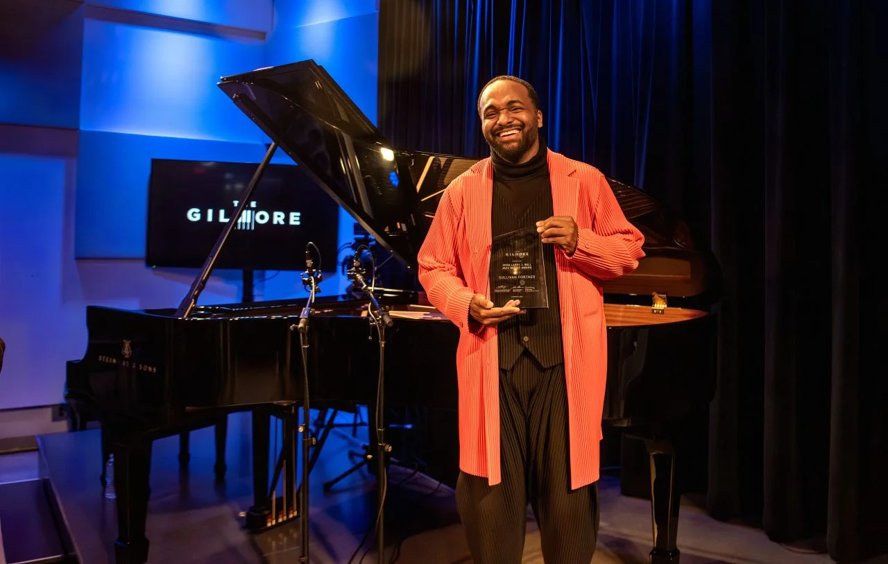 Sullivan Fortner, the inaugural Larry J. Bell Jazz Artist, with his award at The Greene Space in New York City on Oct. 8, 2025.