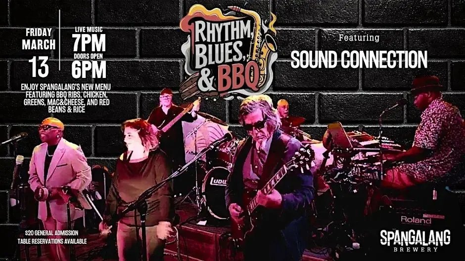 A poster for Rhythm, Blues & BBQ Featuring Sound Connection event