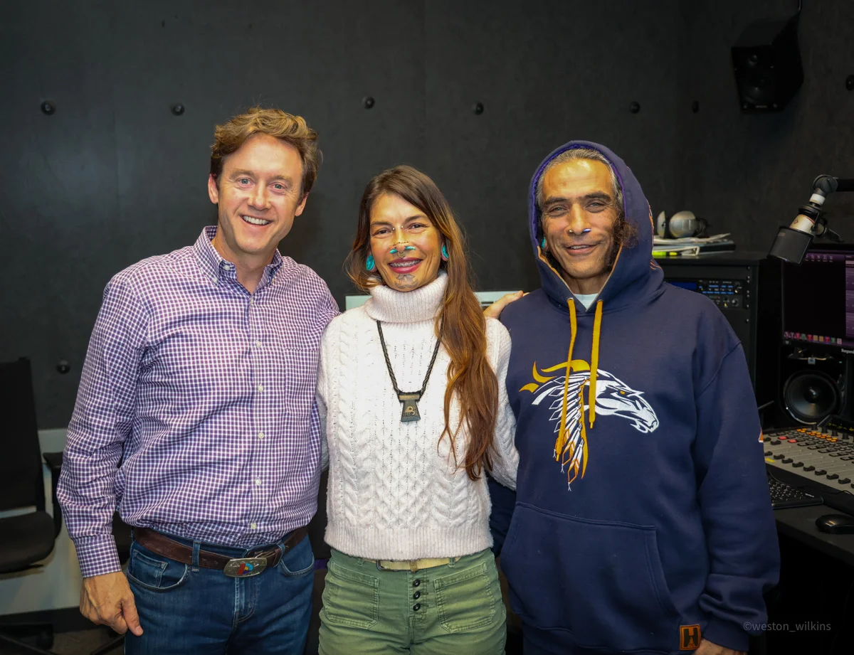 Left to right: Denver Mayor Mike Johnston and All Nations Rise hosts Metzli and Anthony