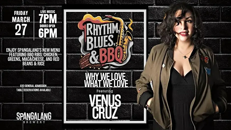 A poster for Rhythm, Blues & BBQ featuring Venus Cruz event