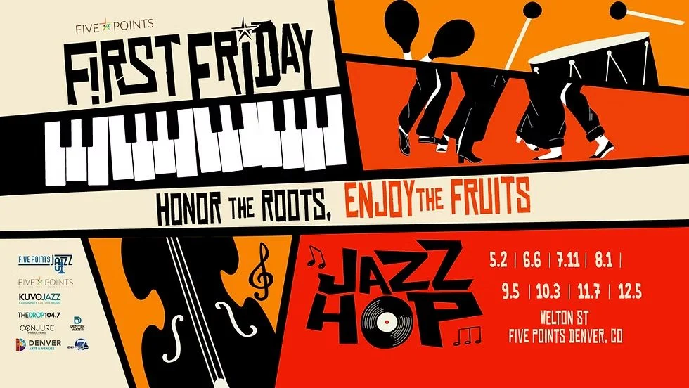 A poster for Five Points First Friday Jazz Hop - August 1 event