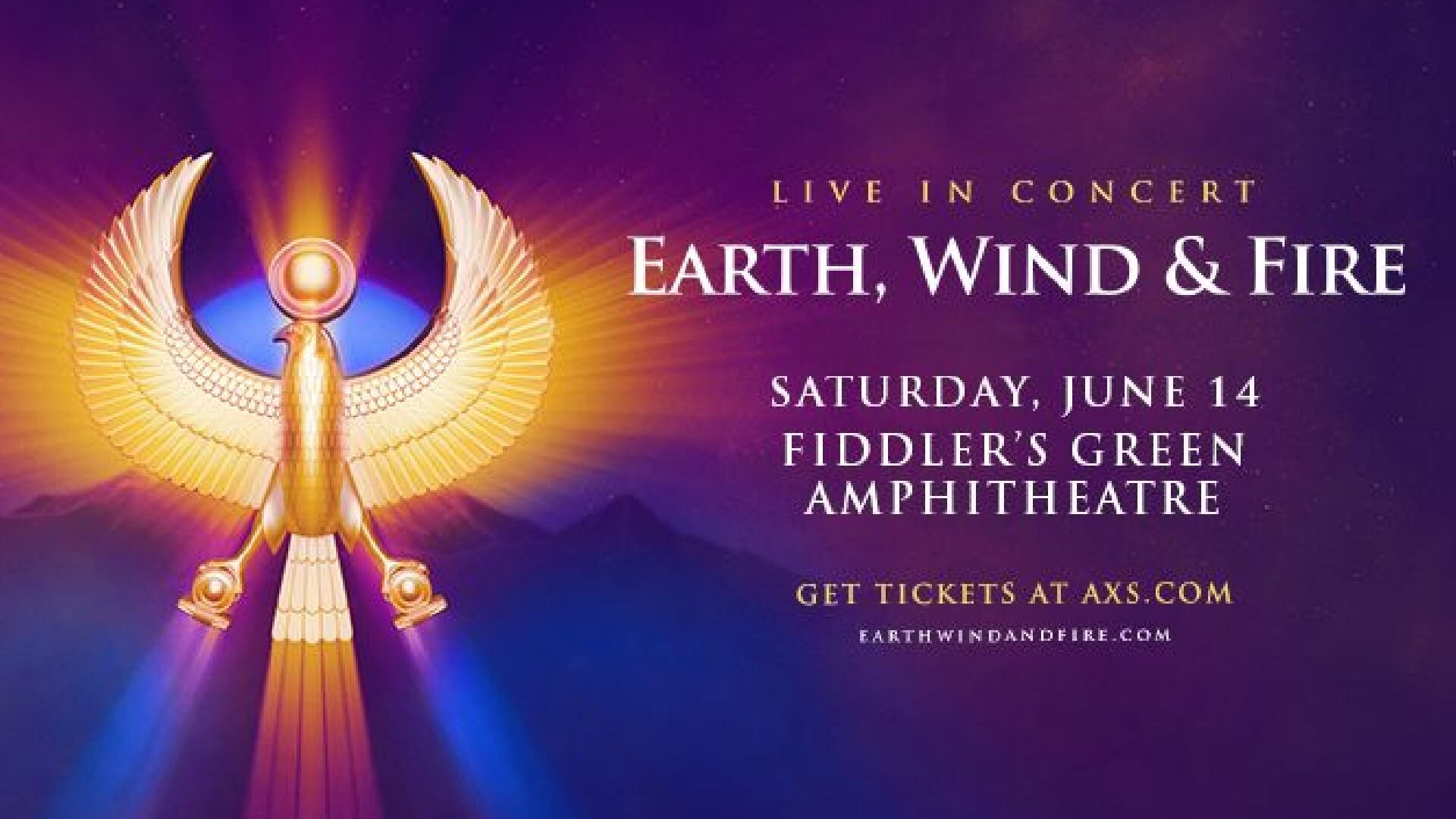 A poster for Live in Concert: Earth, Wind, & Fire event