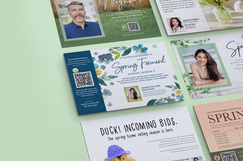 4 Corefact Holiday Postcard designs propped up on a white background