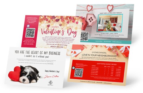 4 Corefact Holiday Postcard designs propped up on a white background