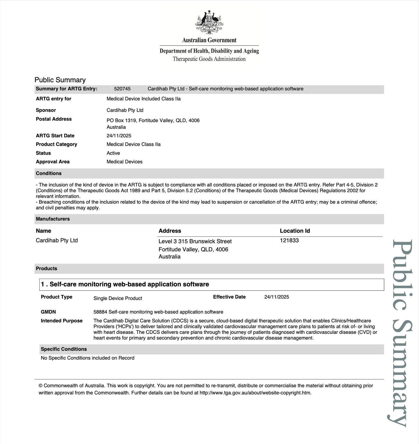 Cardihab achieves TGA Class IIa and ISO certification