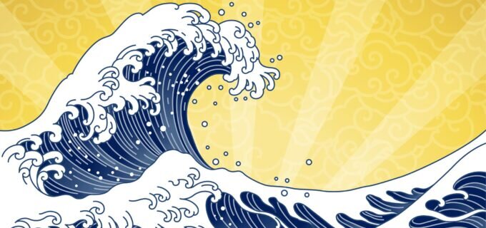 Great wave and ocean oriental style illustration isolated on golden sunshine and seamless clouds background. Japan waves and Chinese cloud vector.