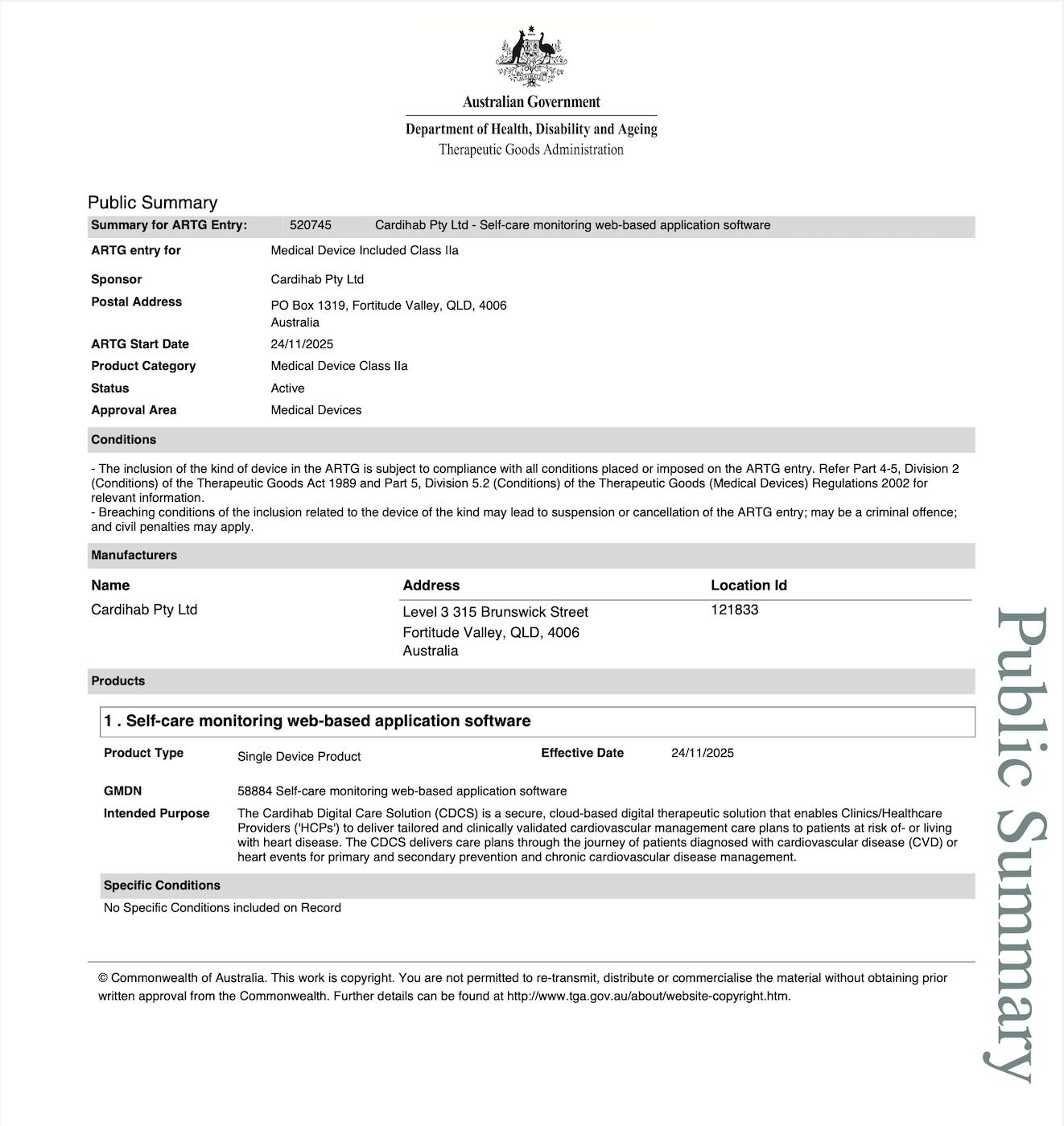 Cardihab achieves TGA Class IIa and ISO certification