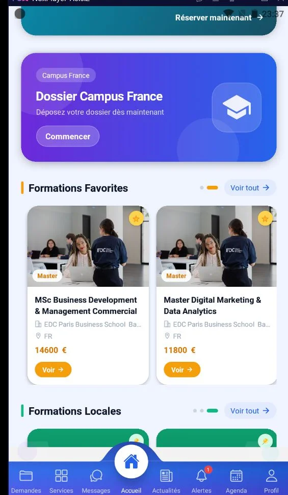 Écran des formations dans l'application Linki