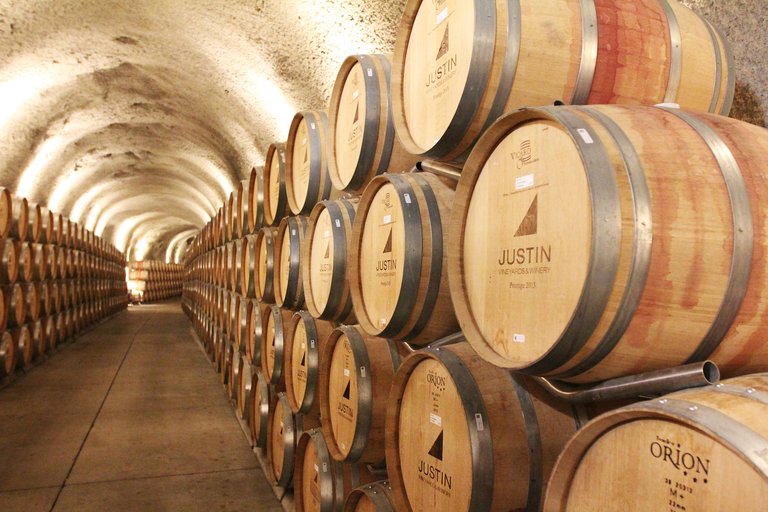Dozens of wooden wine barrels with silver trim and the JUSTIN logo stacked honeycomb-style along the cement cave walls.