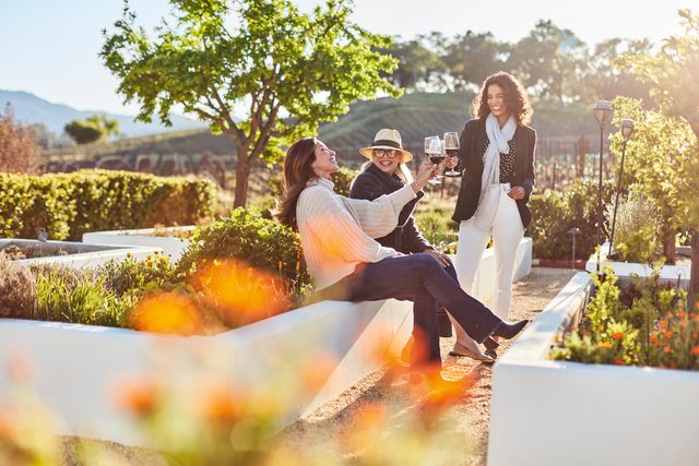 Three women laugh and toast their glasses of red wine in the vibrant and sunny Chef's Garden. 