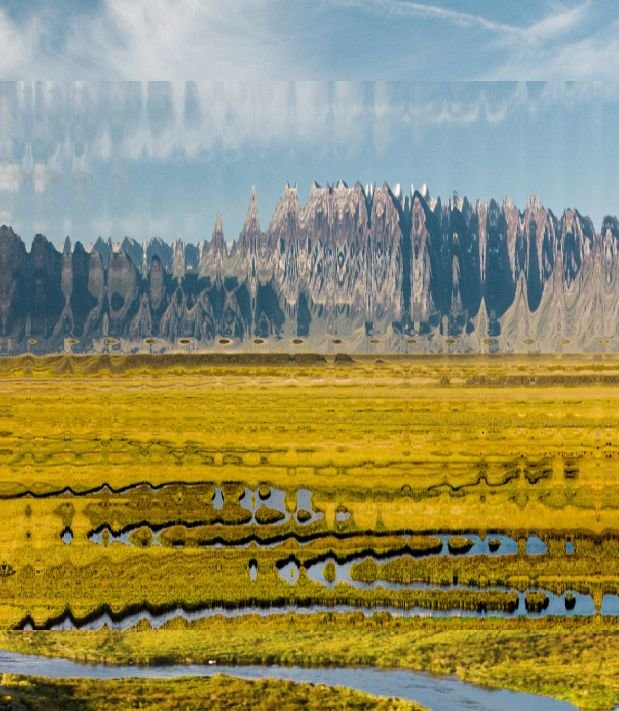An intentionally blurred image of mountains and marsh land with a blue sky