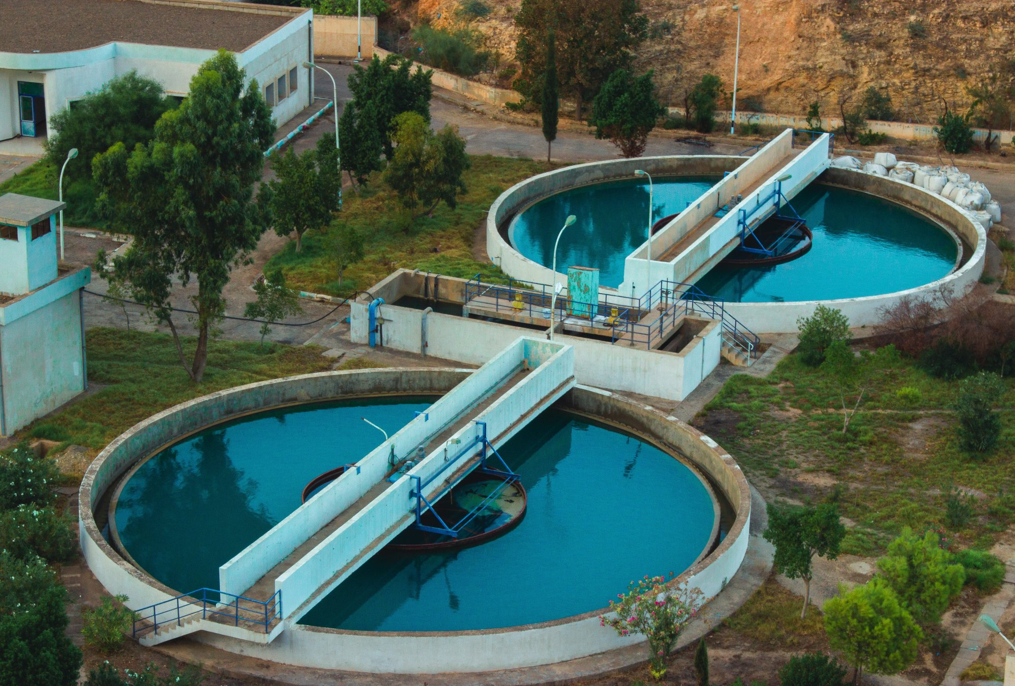 Water treatment tanks in an open outdoor facility