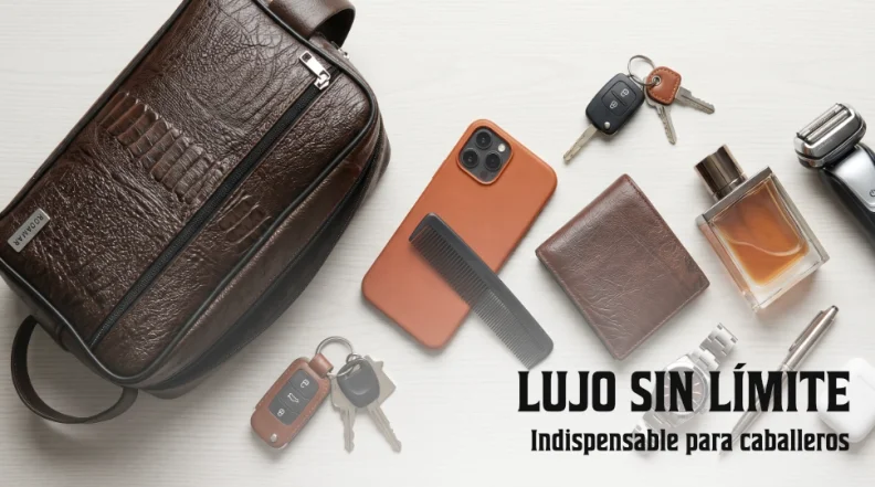 bolsa de mano para hombre Macho Bags acompañada de accesorios esenciales para el uso diario.