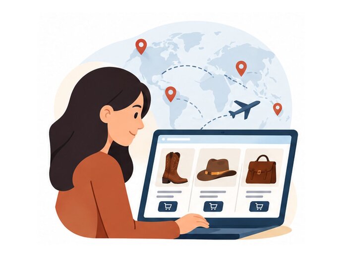 Mujer realizando compras internacionales de productos mexicanos en una tienda online de botas, sombreros y accesorios, con un mapa mundial de fondo.