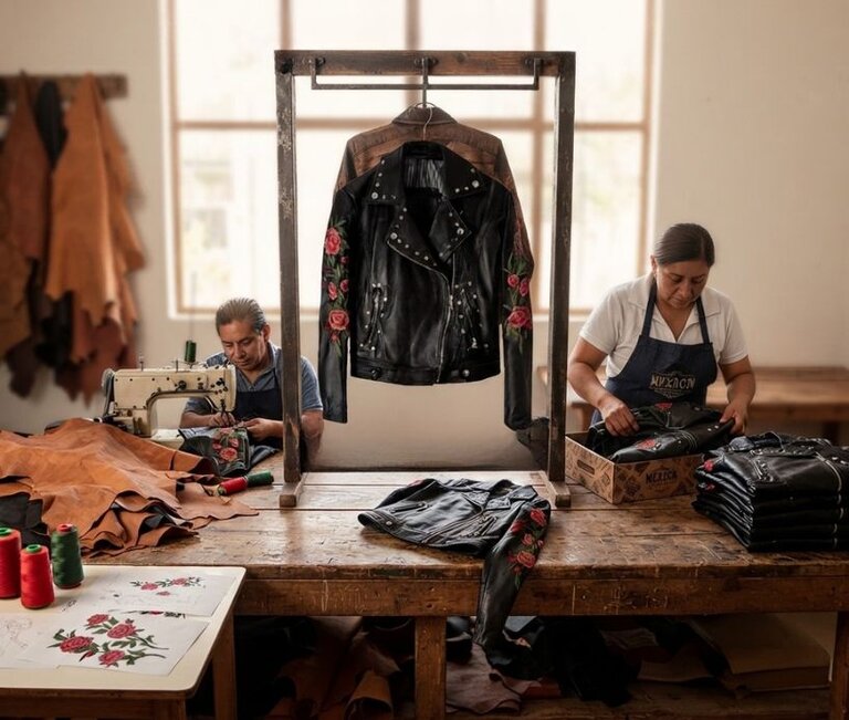 Artesanos trabajando en el taller con chamarras de piel bordadas con rosas, representando el proceso de confección de productos hechos en línea.