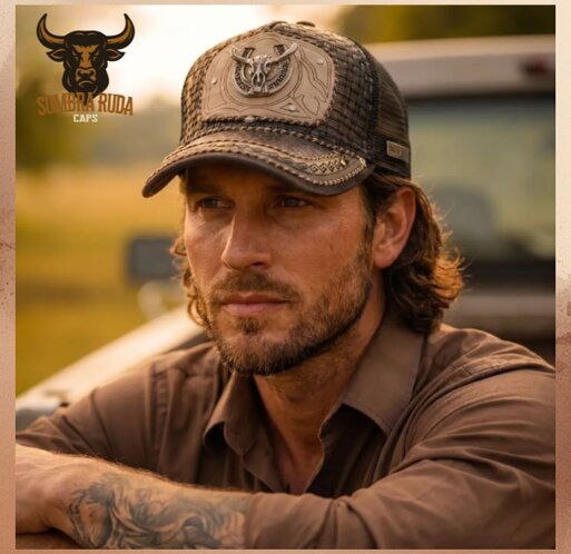 Hombre con gorra estilo rudo y sombrero de la marca Sombra Ruda Caps, reflejando la identidad de las marcas mexicanas de accesorios en un entorno campestre al atardecer.