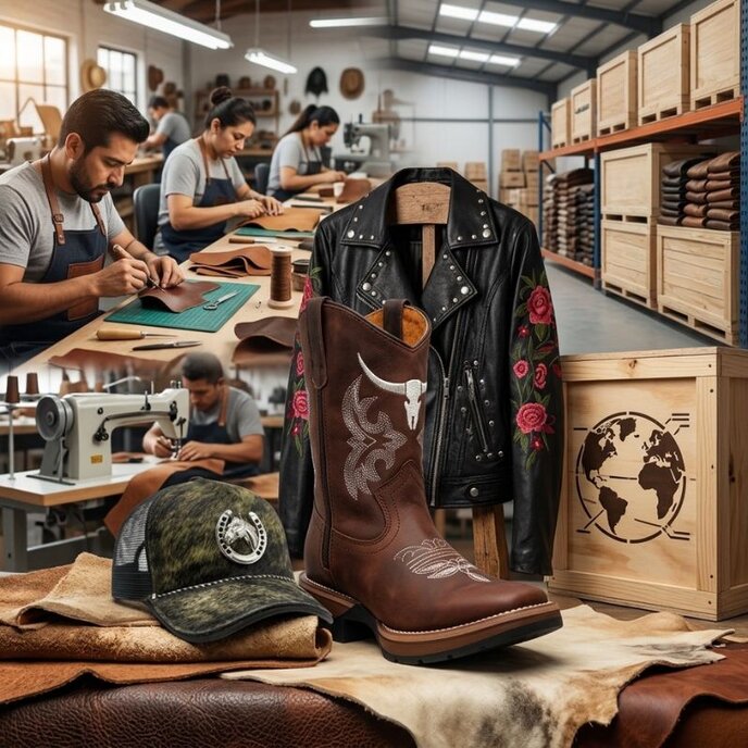 Composición que muestra artesanos elaborando botas, gorras y chamarras de piel junto a cajas de exportación de productos hechos en línea.