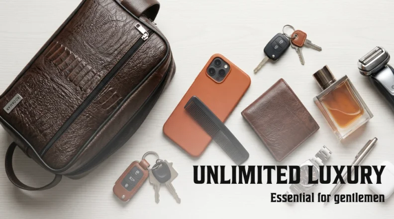 Macho Bags men's hand bag displayed with everyday accessories including a wallet, keys and grooming essentials.