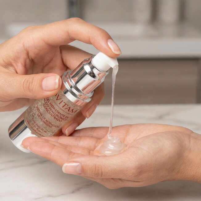 gel hidratante VITAM con colágeno y ácido hialurónico, producto de skincare elaborado en México.