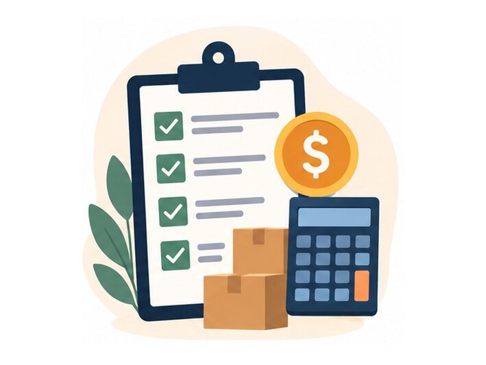 Compras internacionales con calculadora y lista de verificación para revisar costos de envío, impuestos y posibles cargos adicionales.
