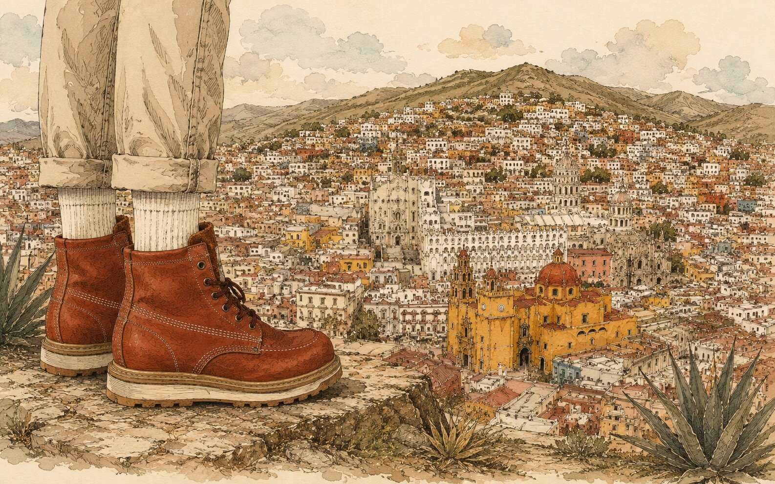 Illustrated Mr. Sosa boots overlooking Guanajuato, Mexico