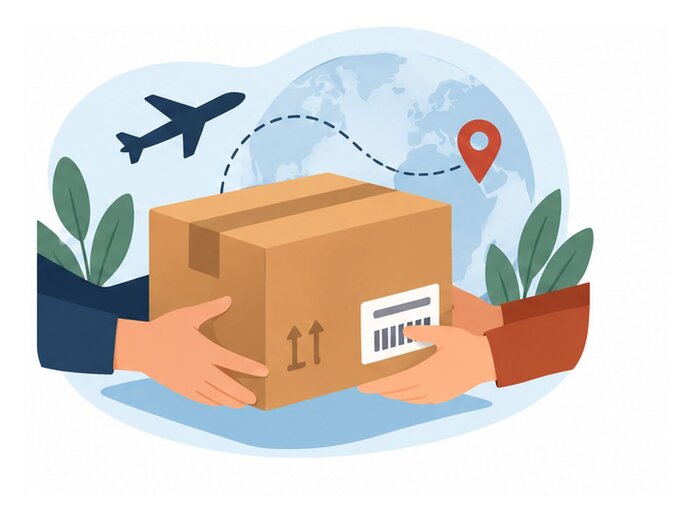 Ilustración de compras internacionales con entrega de paquetes, transporte aéreo y seguimiento de envíos entre diferentes países.