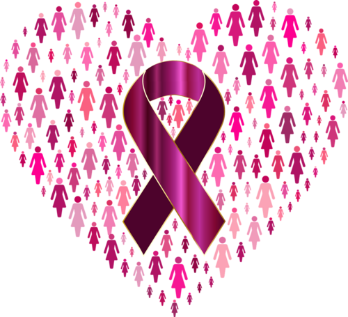 Lazo rosa y morado rodeado de siluetas femeninas que forman un corazón, representando la concientización sobre el cáncer de mama.